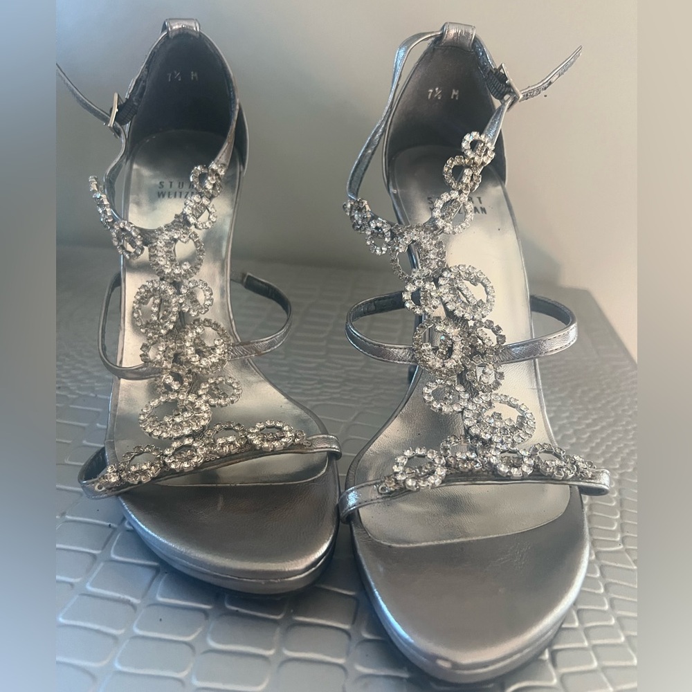 Stuart Weitzman Metallic Silver Heels with Swarovski Crystals
